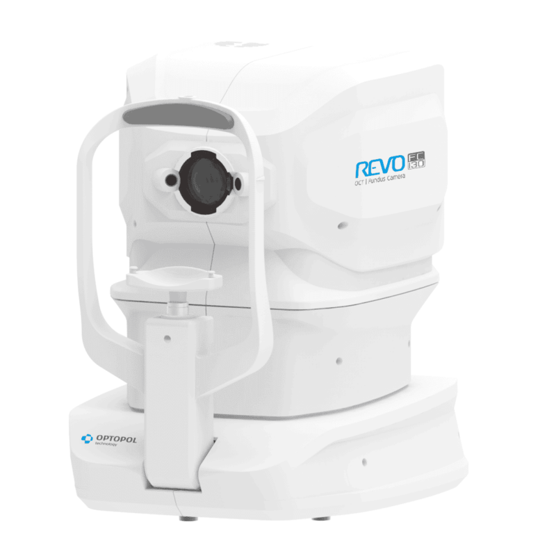 OCT Revo FC 130 fundus kamera maskine i hvid fra siden